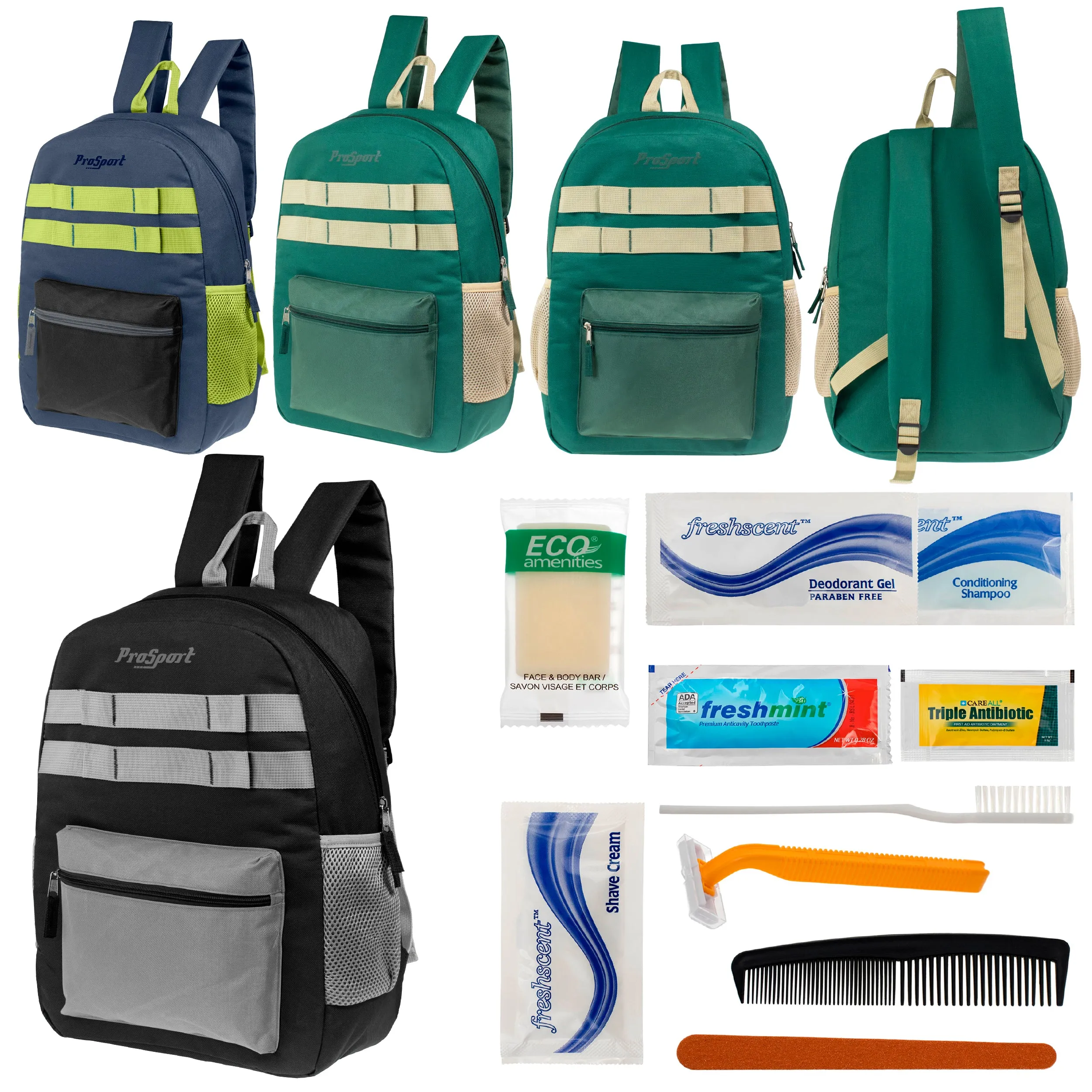 12 Multi-Color 17" Backpacks w/Accent Trim & Your Choice of 12 Bulk Hygiene Kits - Wholesale Care Package: Homeless, Emergency, Charity