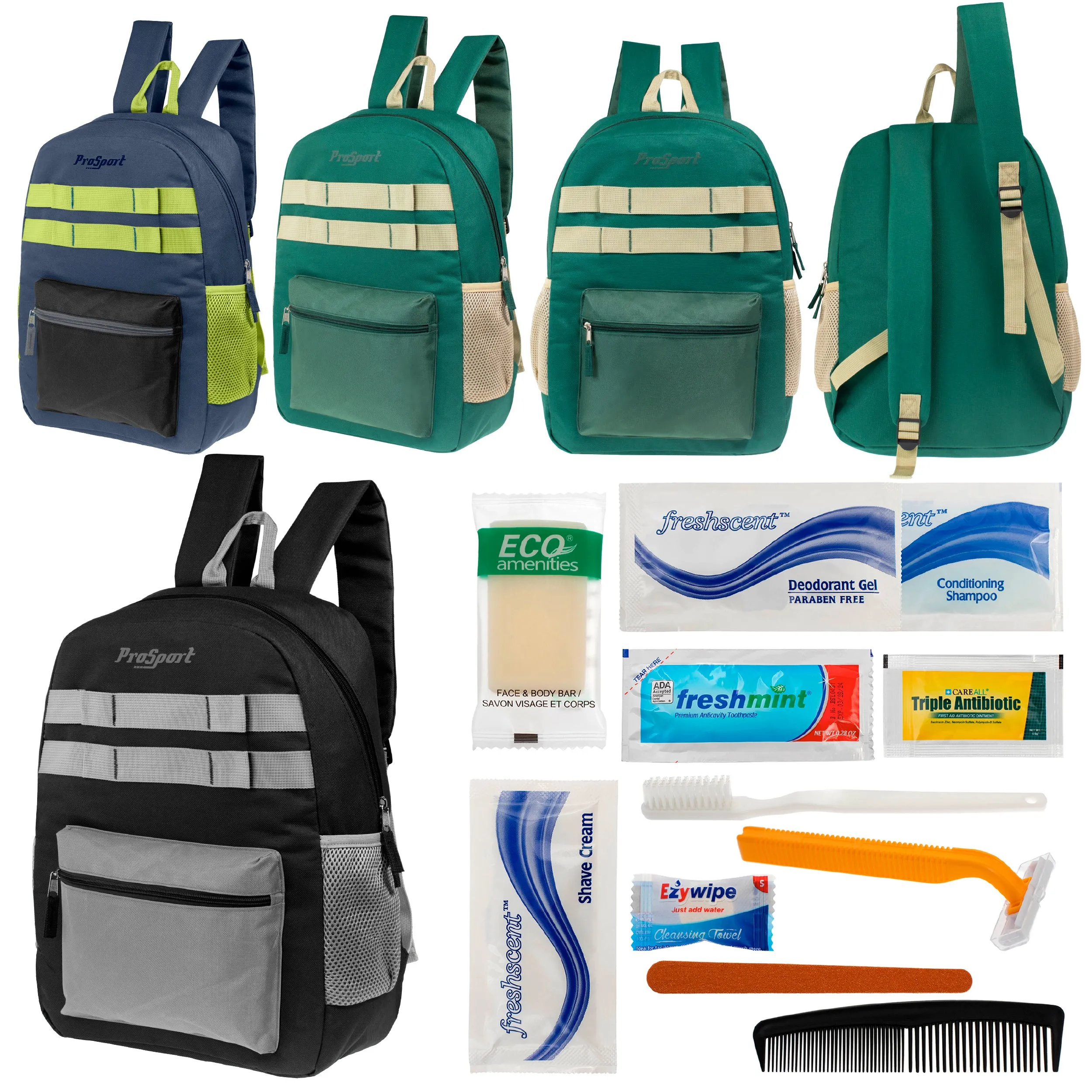 12 Multi-Color 17" Backpacks w/Accent Trim & Your Choice of 12 Bulk Hygiene Kits - Wholesale Care Package: Homeless, Emergency, Charity