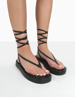 Beach Babe Black Lace Up Toe Thong Flatform Sandals