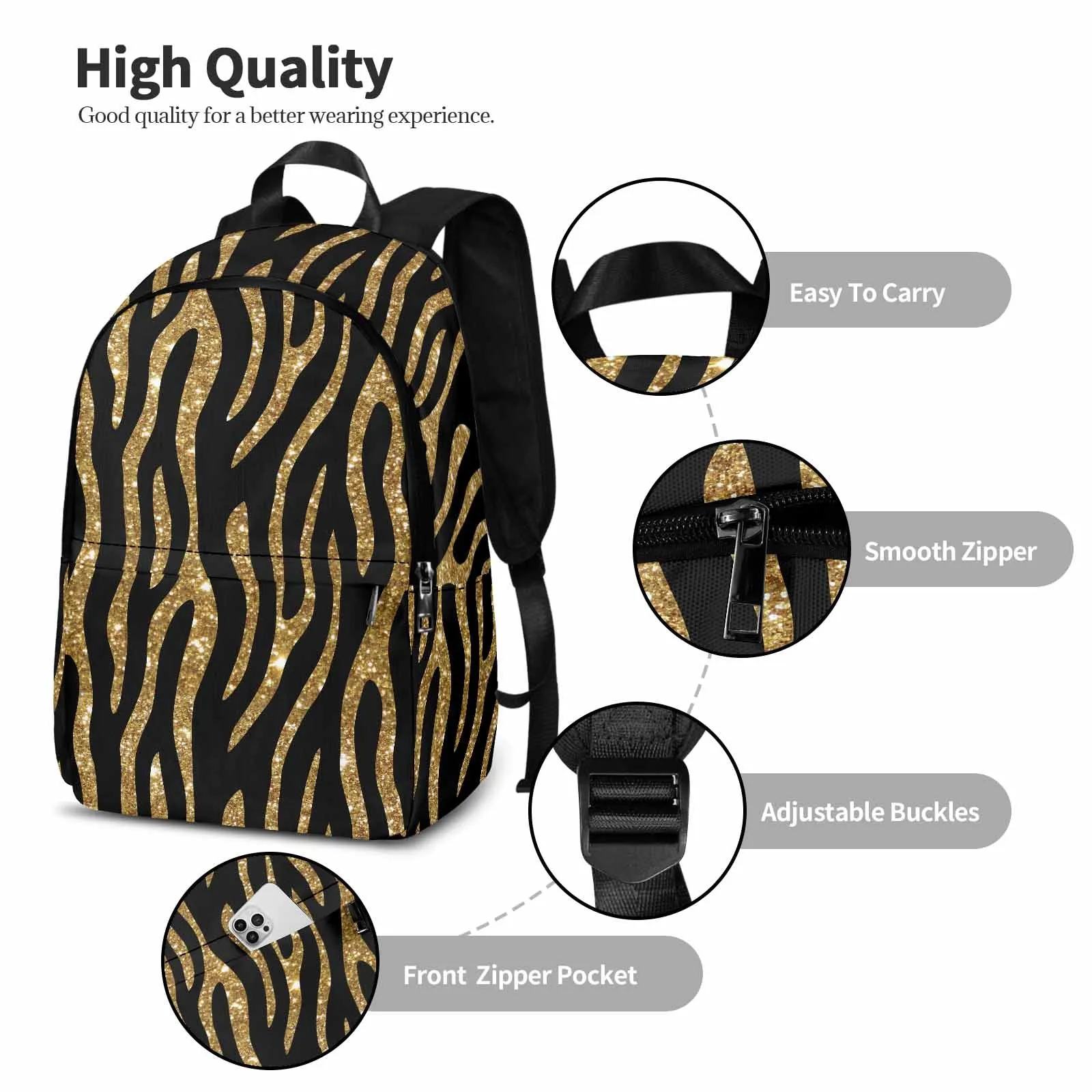 Black and Gold Glitter Leopard Print Adult Casual Backpack