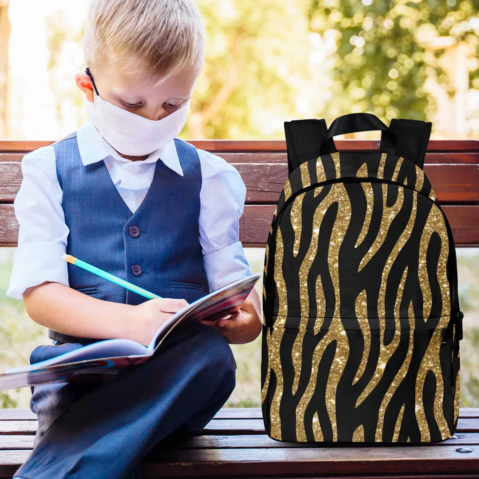 Black and Gold Glitter Leopard Print Adult Casual Backpack