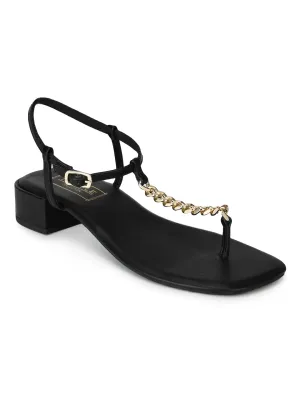 Black PU Low Block Heel Sandals With Gold Chain (TP28051-BLK)