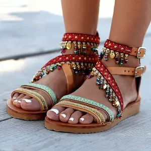 Brown Flat  Strappy Embellished Buckle Sandals