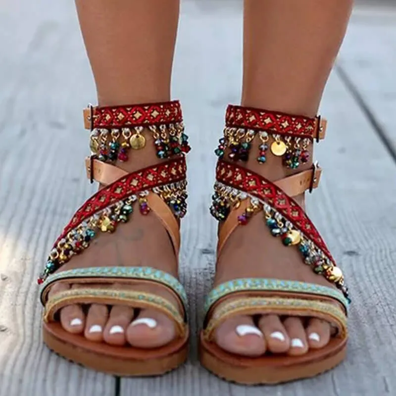 Brown Flat  Strappy Embellished Buckle Sandals