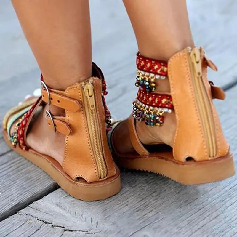 Brown Flat  Strappy Embellished Buckle Sandals