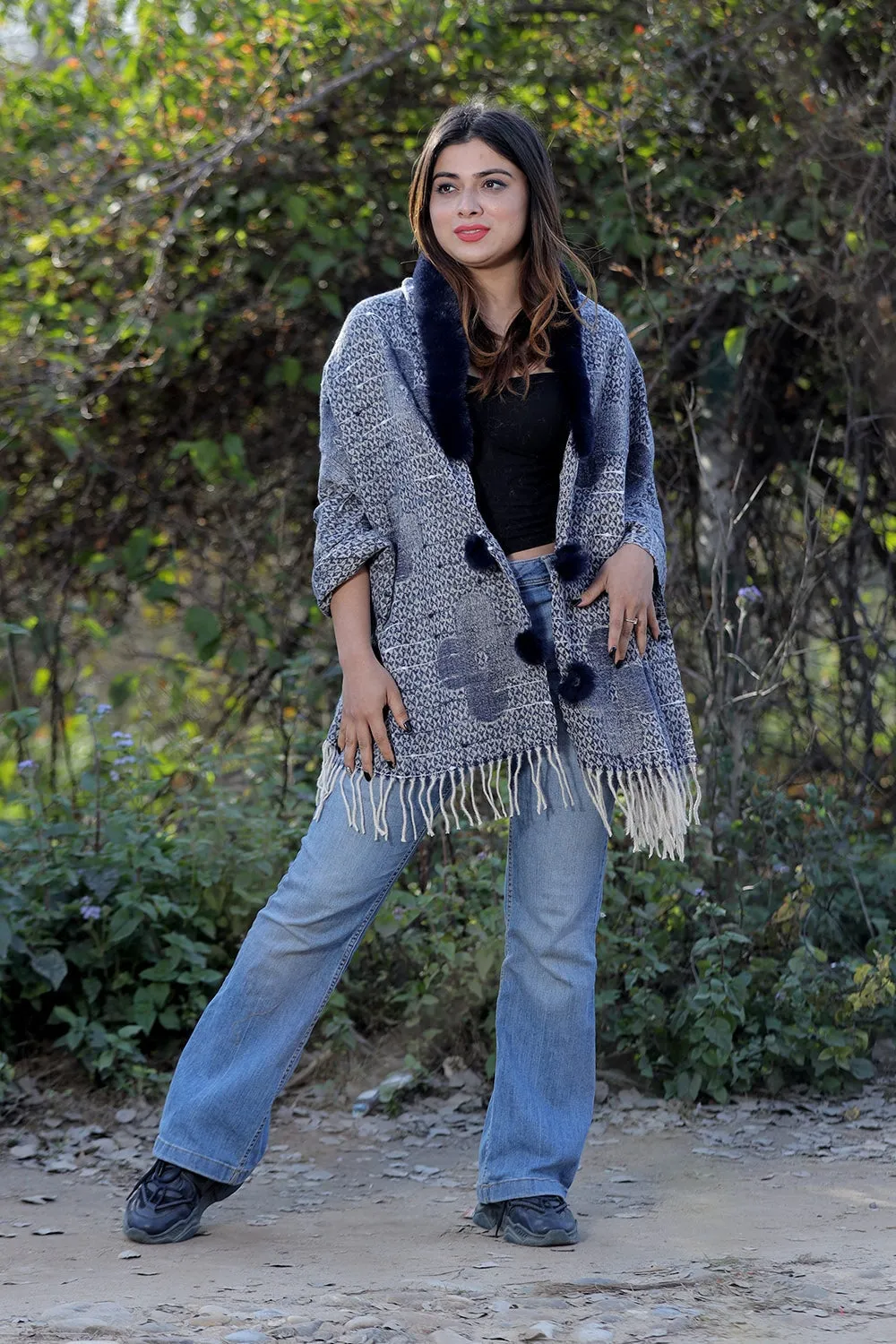 Charismatic Navy Blue Colour Woollen Cashmere Faux Fur Cape Stole.