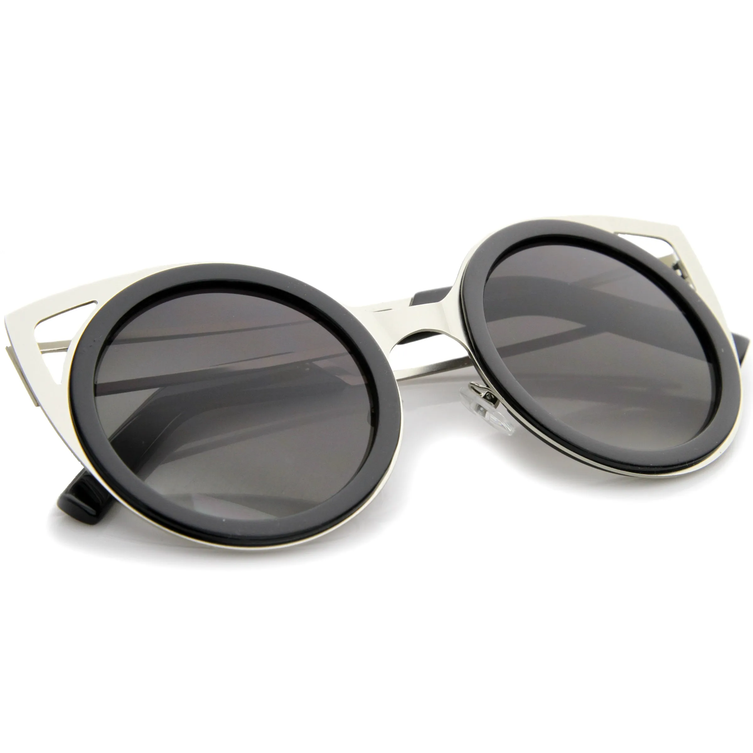 Chic Two-Toned Metal Cutout Round Cat Eye Sunglasses A104