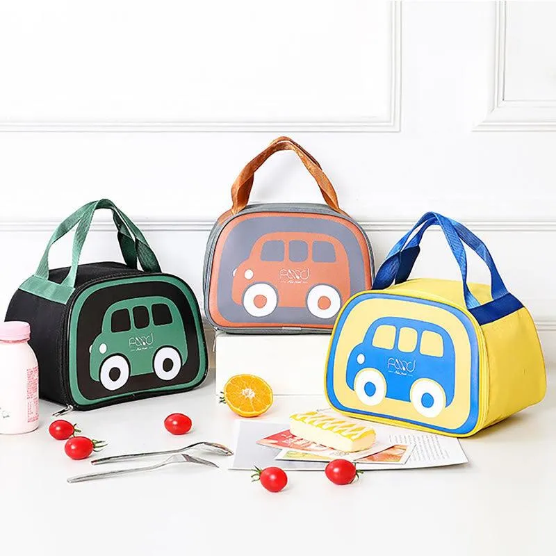 Children Bus Cartoon Foil Insulated Lunch Bag -AMP GREY AND ORANGE