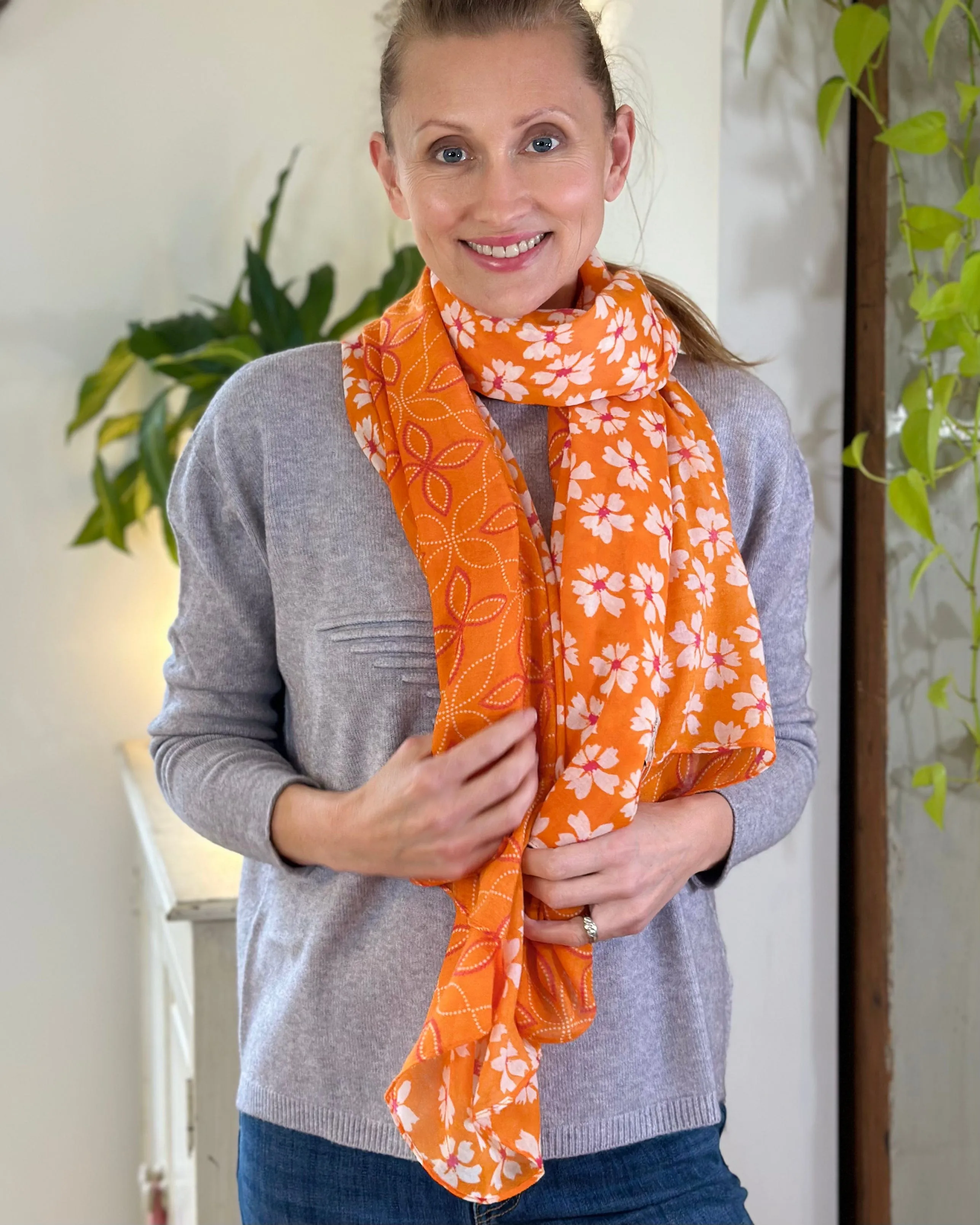 Dot & Flower Patterned Recycled Scarf - Orange