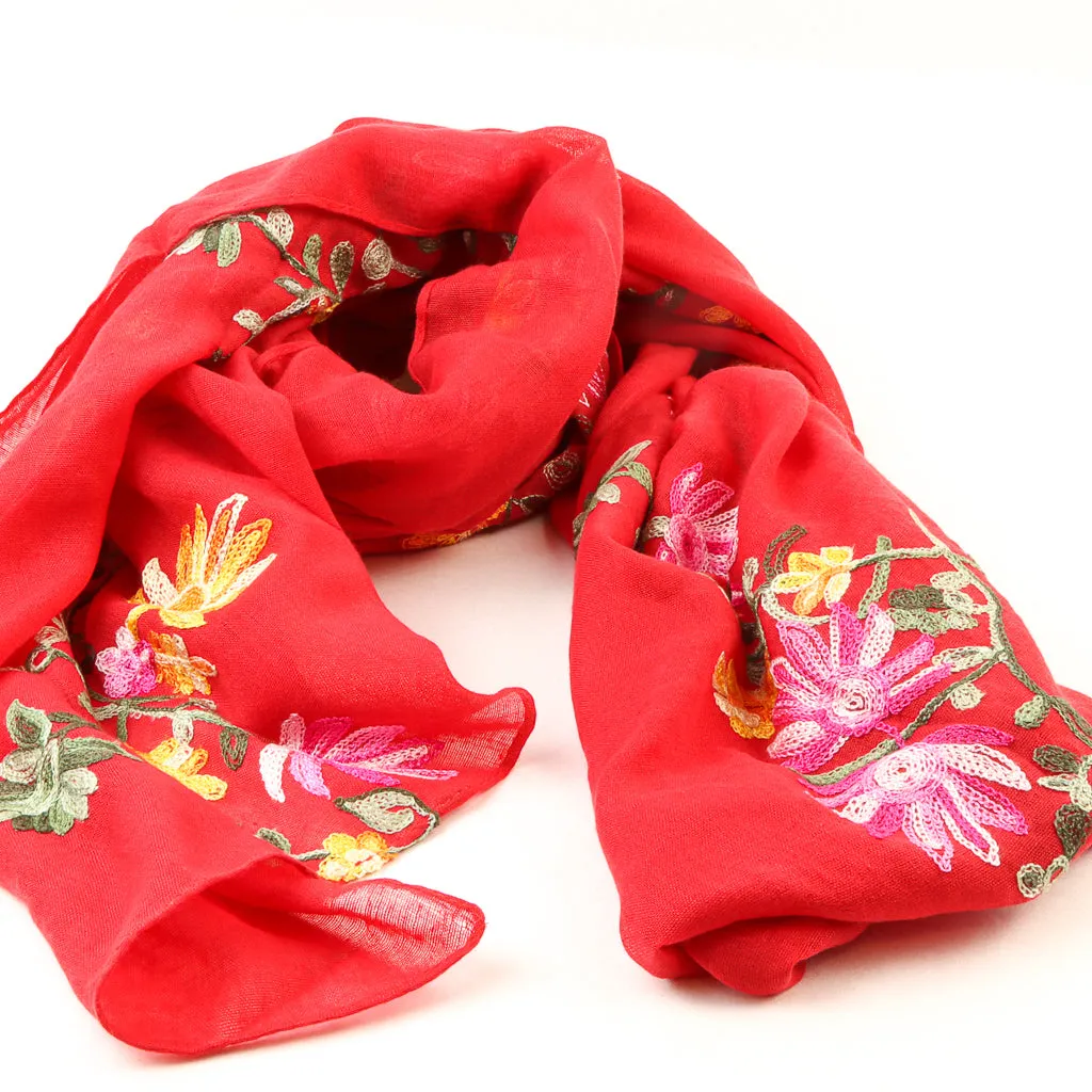 Embroidered Scarf - Red Floral