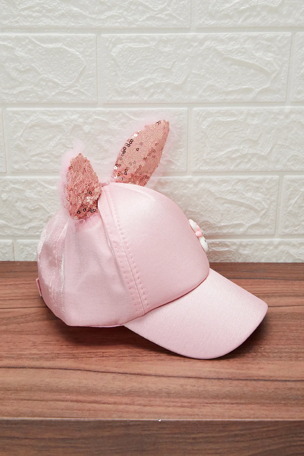 Girls Pink Embellished Bunny Themed Cap