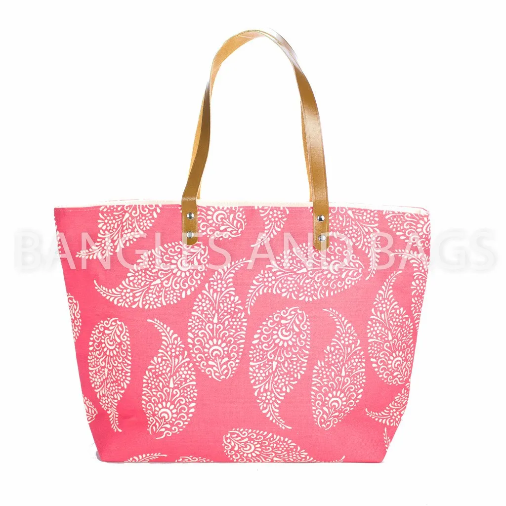 Global Paisley Leaf Jute Beach Tote - Pink