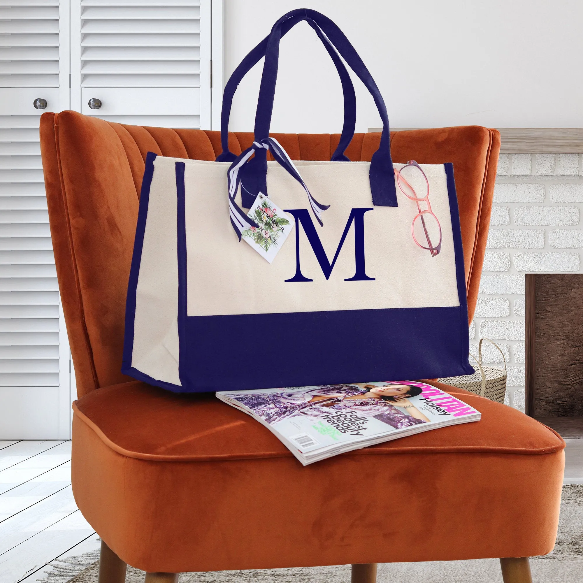 Graduation gift Tote Bags for Women Personalize, Embroidery Initial Monogram Large Bag for Mom, 100% Cotton Canvas, Bridesmaid  Gift Navy