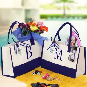 Graduation gift Tote Bags for Women Personalize, Embroidery Initial Monogram Large Bag for Mom, 100% Cotton Canvas, Bridesmaid  Gift Navy