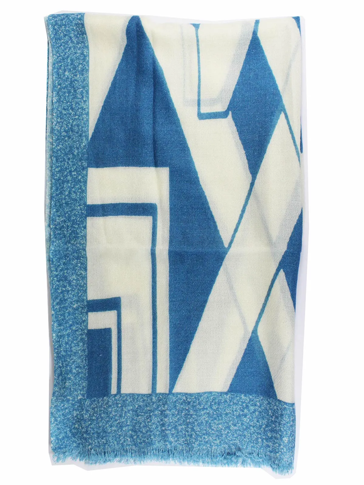 Kiton Scarf Aqua White Geometric Design - Cashmere Silk Shawl FINAL SALE