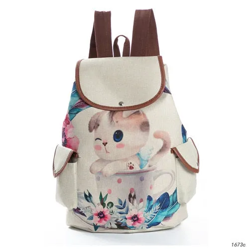 Lovely Cat Printed Canvas School Backpack For Teenager