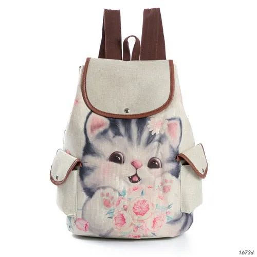 Lovely Cat Printed Canvas School Backpack For Teenager