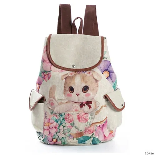 Lovely Cat Printed Canvas School Backpack For Teenager