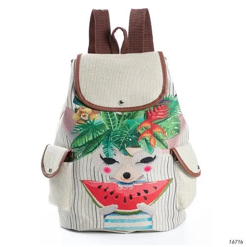 Lovely Cat Printed Canvas School Backpack For Teenager