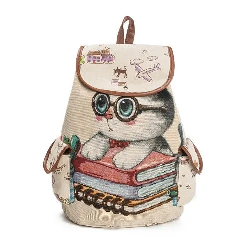 Lovely Cat Printed Canvas School Backpack For Teenager