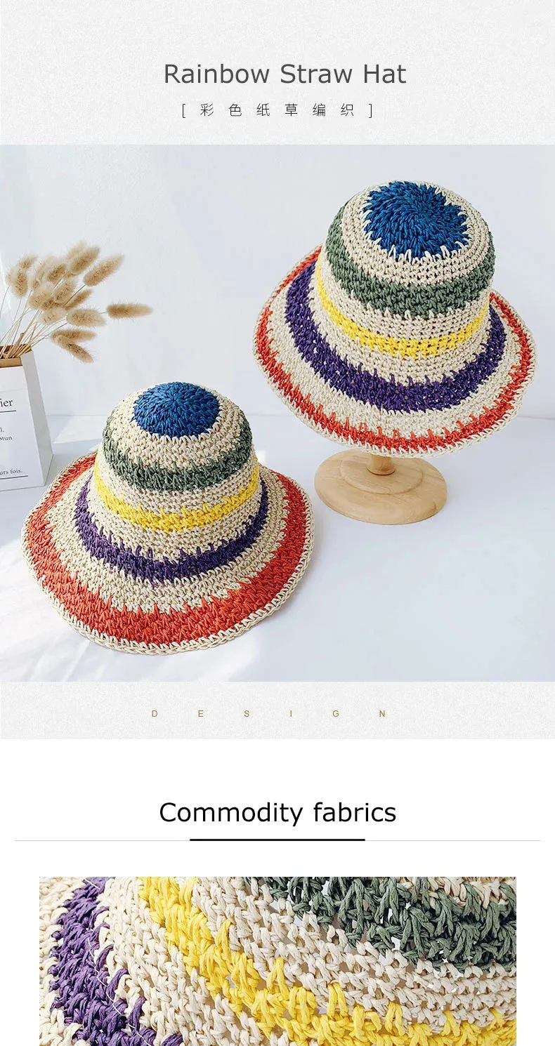 Rainbow Straw Hat For Women Summer Sun Visor Handmade Crochet Big Brim Bucket Hats Ladies Beach Sun Hat Boho Girl's Fashion Caps