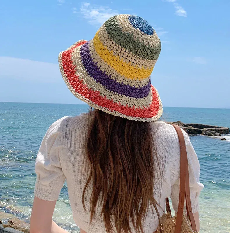 Rainbow Straw Hat For Women Summer Sun Visor Handmade Crochet Big Brim Bucket Hats Ladies Beach Sun Hat Boho Girl's Fashion Caps