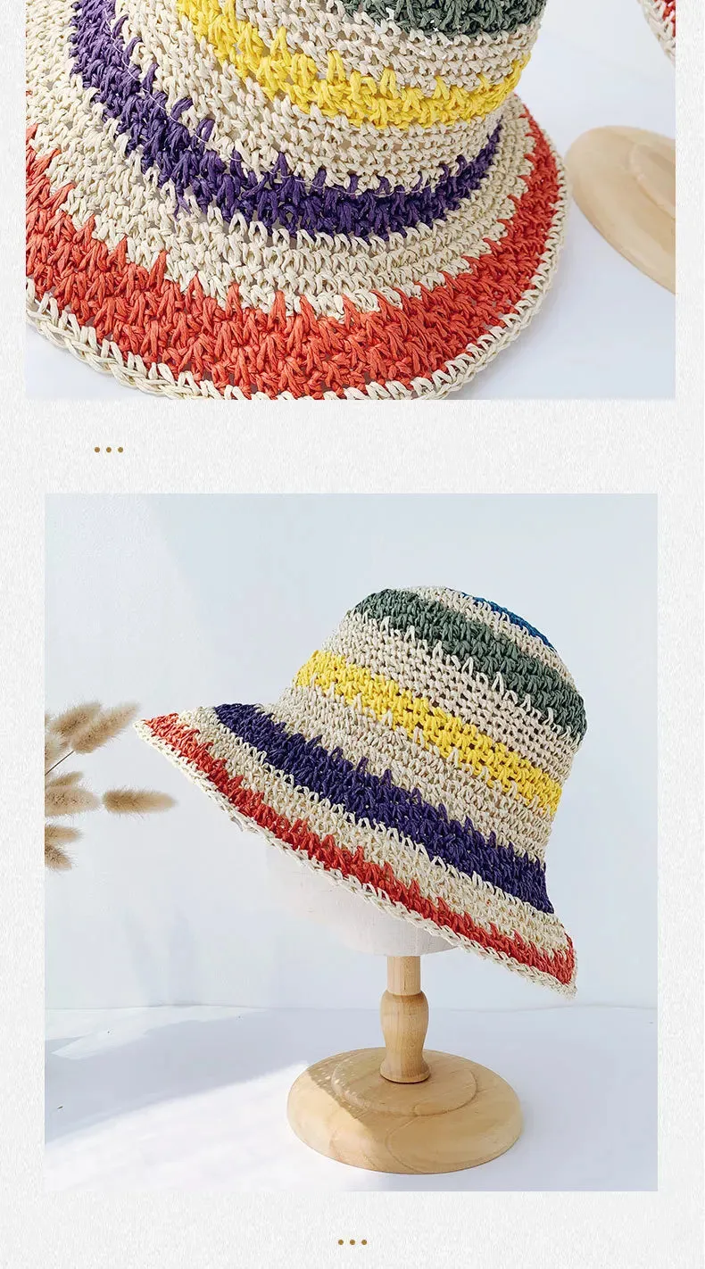 Rainbow Straw Hat For Women Summer Sun Visor Handmade Crochet Big Brim Bucket Hats Ladies Beach Sun Hat Boho Girl's Fashion Caps