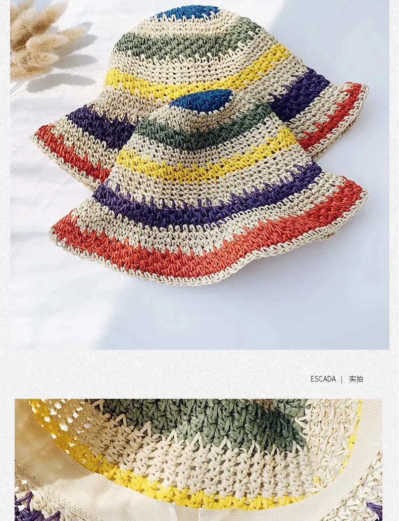 Rainbow Straw Hat For Women Summer Sun Visor Handmade Crochet Big Brim Bucket Hats Ladies Beach Sun Hat Boho Girl's Fashion Caps