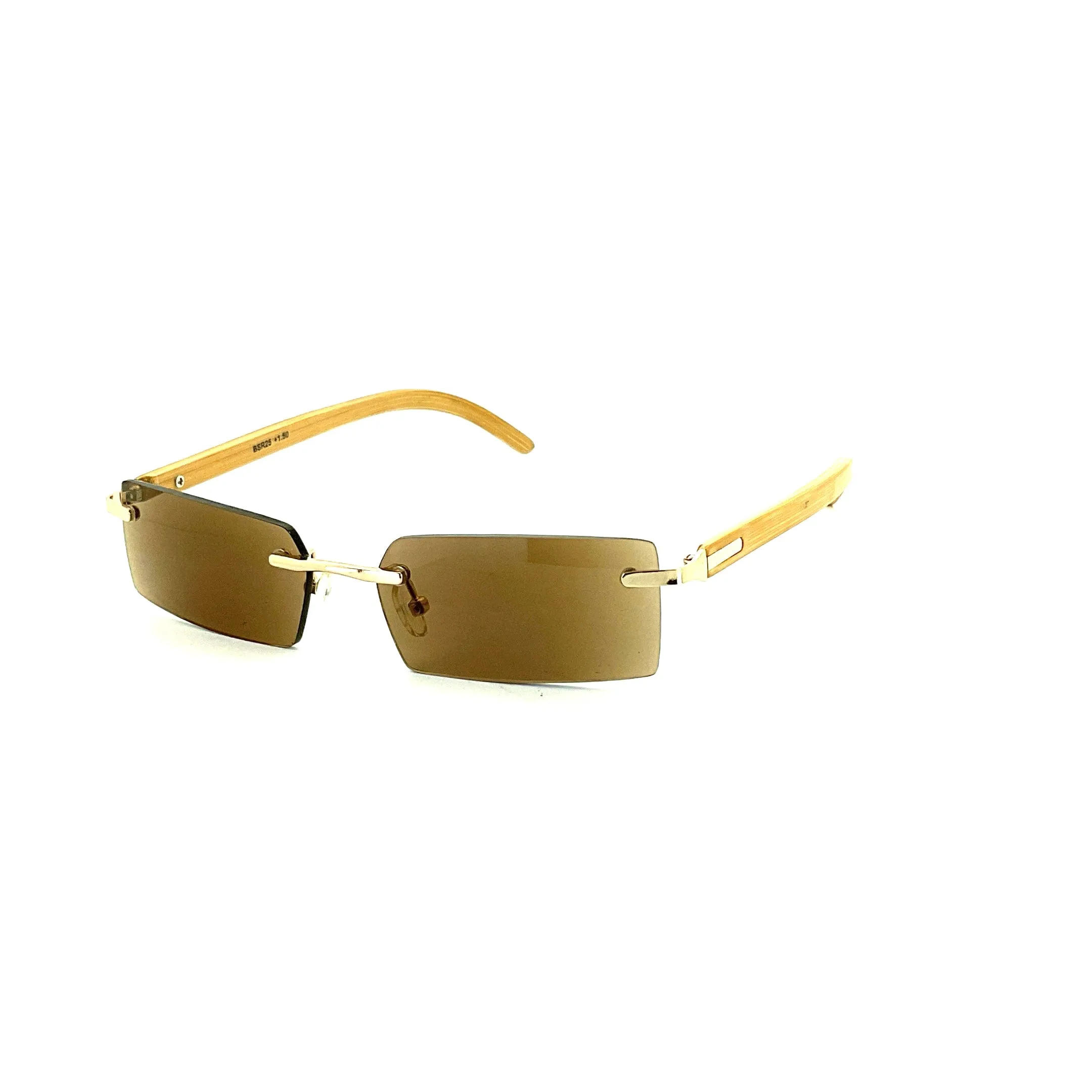 Rimless Fully Magnified Rectangular Frame Bamboo Sunglass Readers With Box