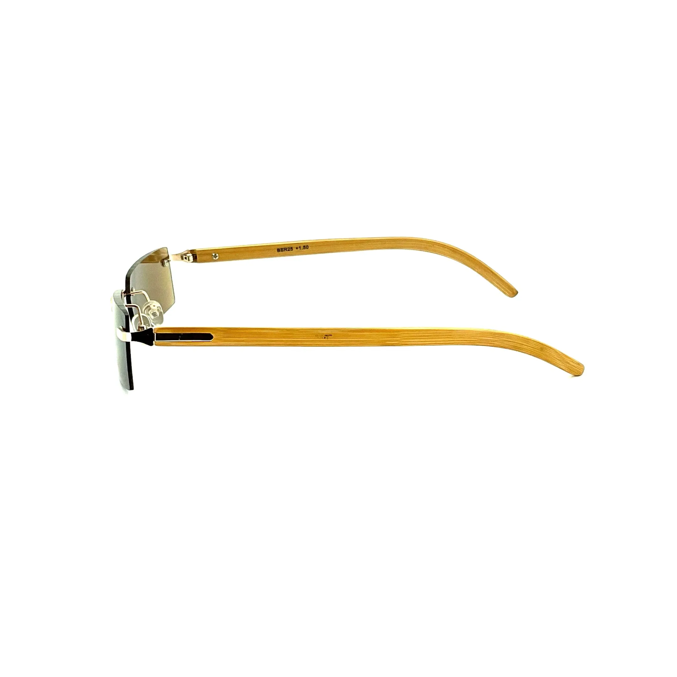 Rimless Fully Magnified Rectangular Frame Bamboo Sunglass Readers With Box