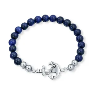 Stackable Navy Blue Lapis Lazuli Stretch Bracelet with Nautical Anchor Design