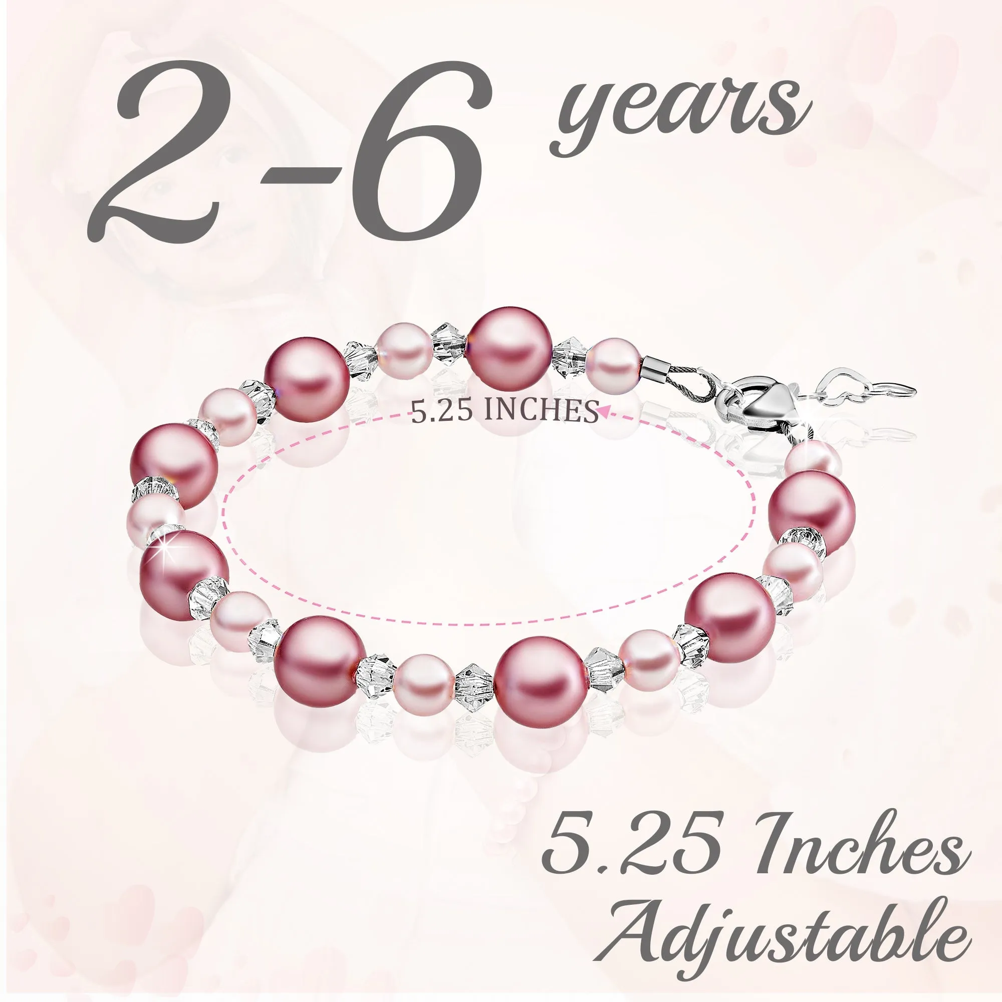 Sterling Silver Bracelet for Girls with Rose & Pink Pearls & Clear Crystals