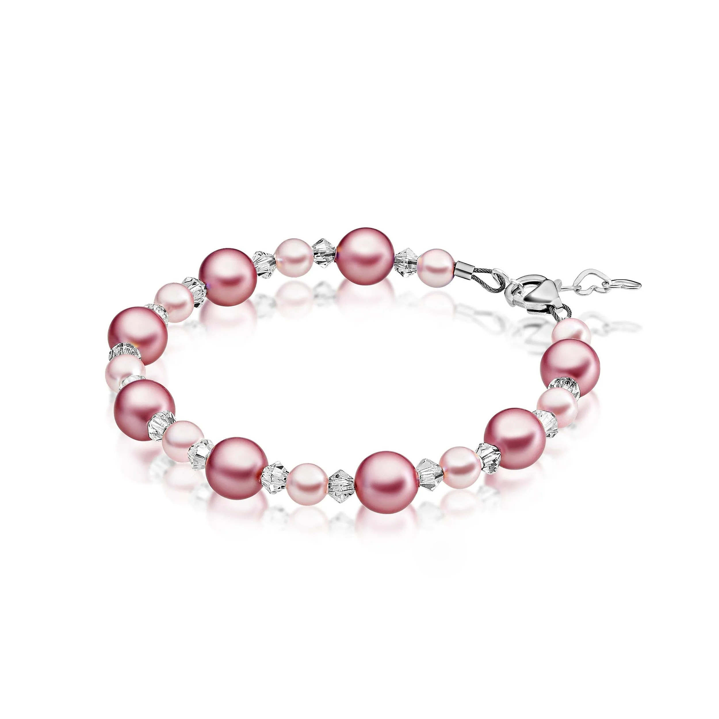 Sterling Silver Bracelet for Girls with Rose & Pink Pearls & Clear Crystals