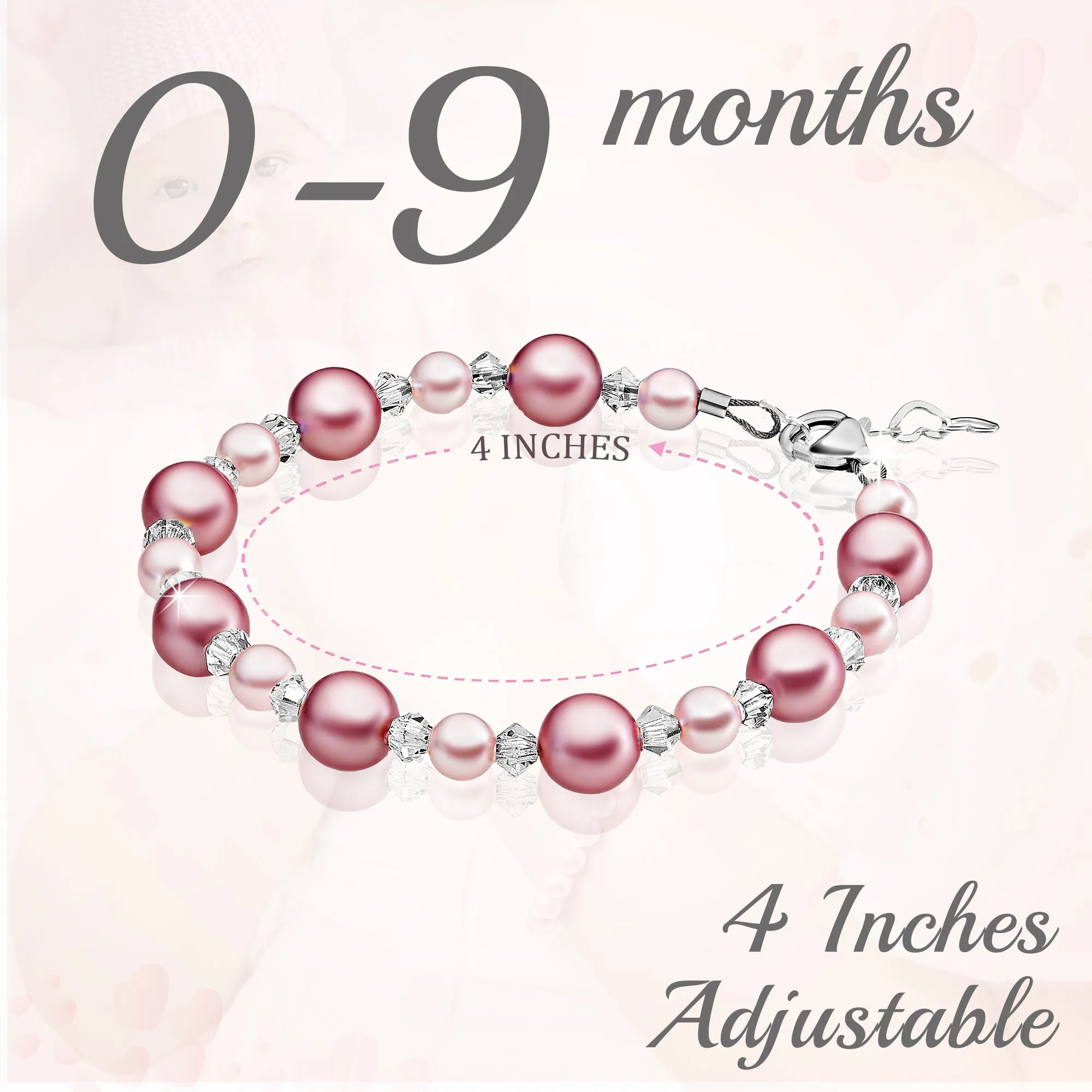 Sterling Silver Bracelet for Girls with Rose & Pink Pearls & Clear Crystals