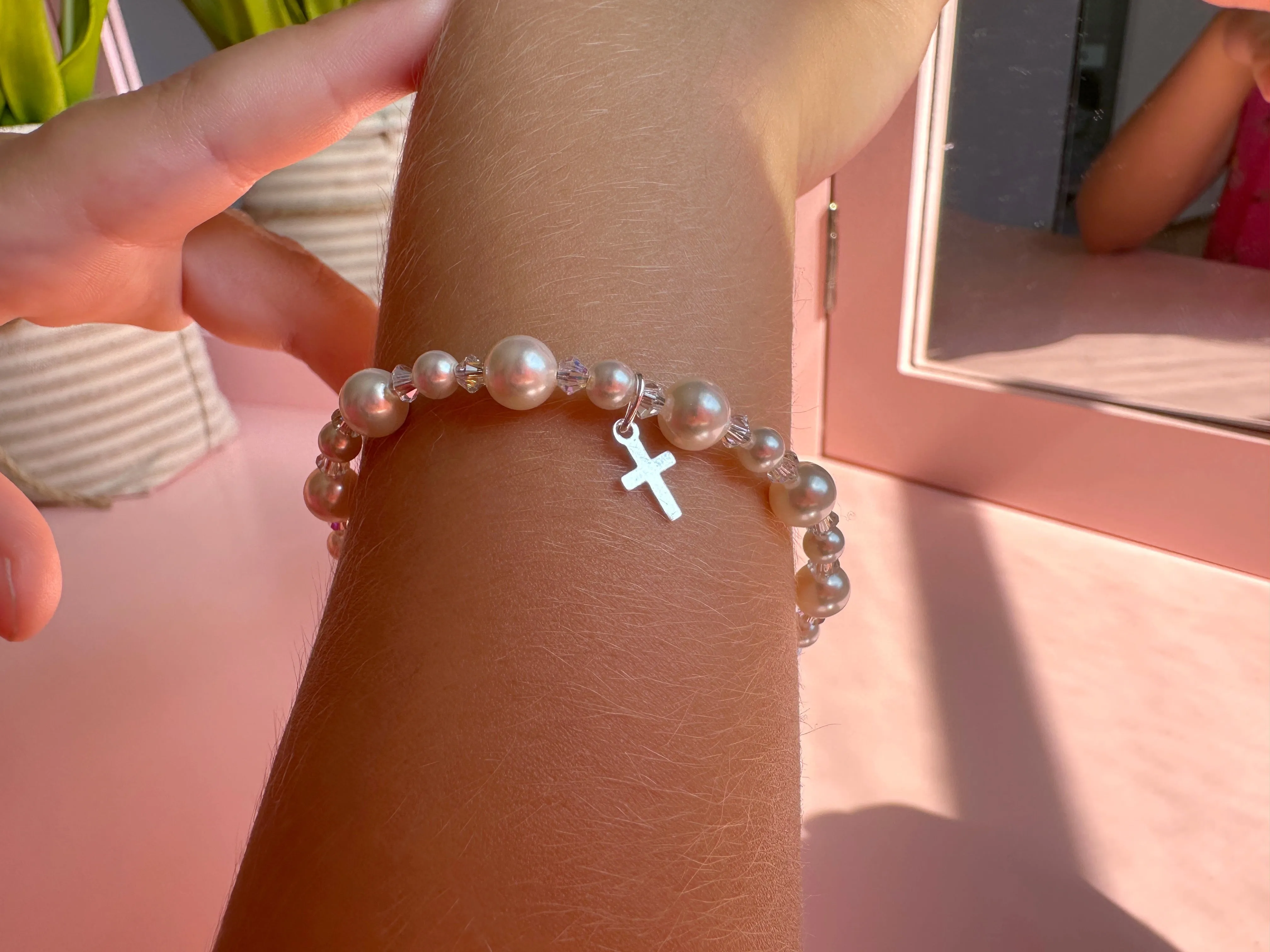 Sterling Silver Cross Charm Bracelet with Pink Pearls