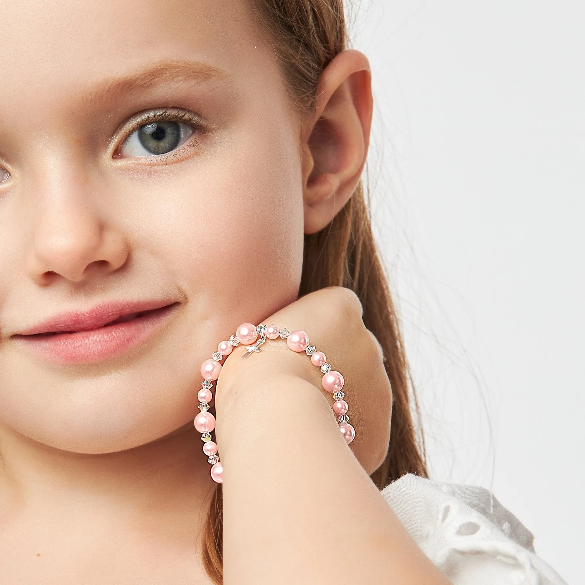 Sterling Silver Cross Charm Bracelet with Pink Pearls