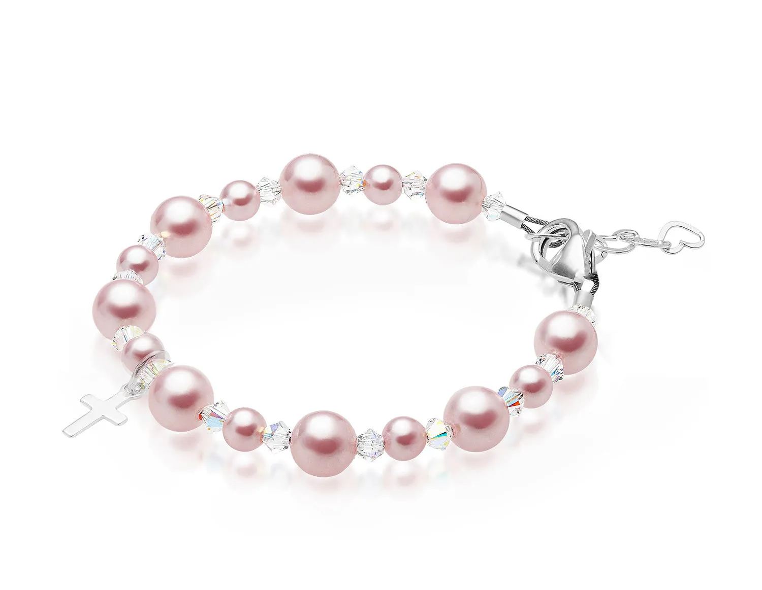 Sterling Silver Cross Charm Bracelet with Pink Pearls