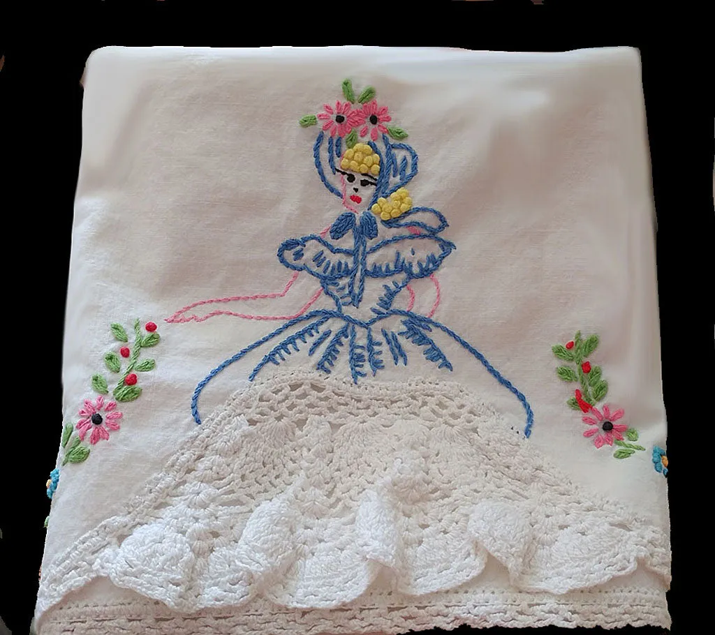 *VINTAGE SOUTHERN BELLE COLONIAL LADY CROCHETED & EMBROIDERED BY HAND LACE SKIRT  PILLOW CASE - 1 INDIVIDUAL PILLOW CASE