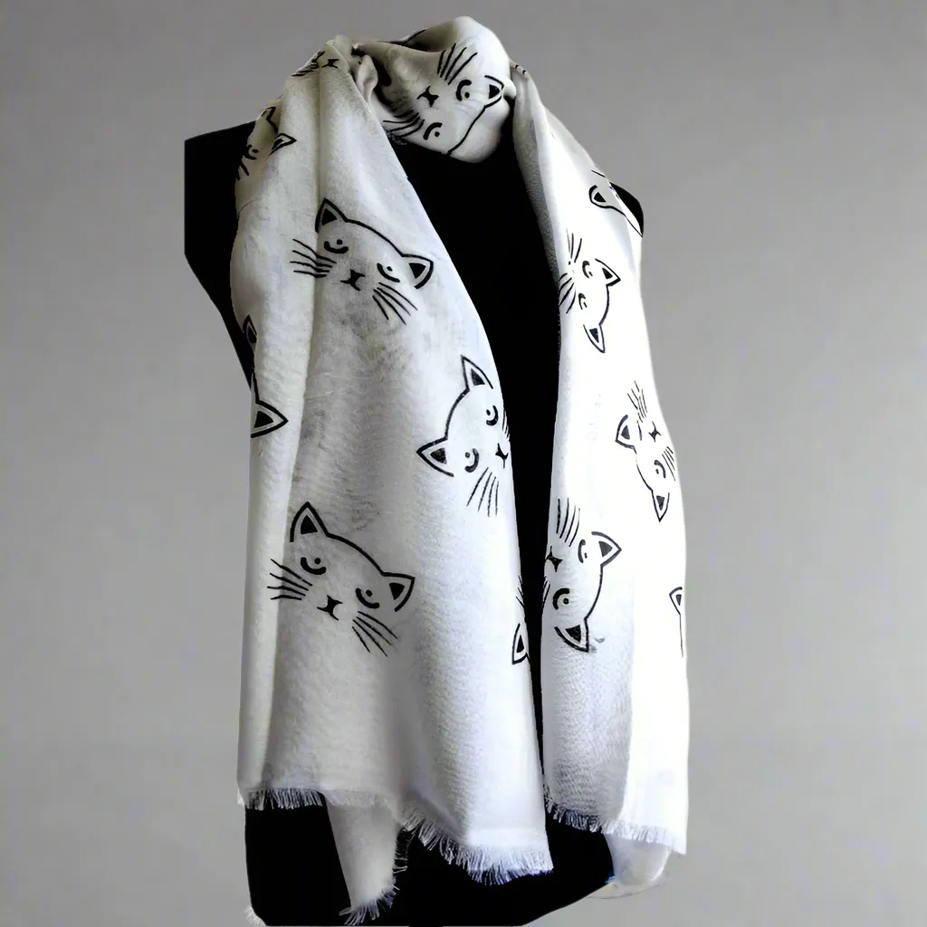 White Black Cat Face Scarf