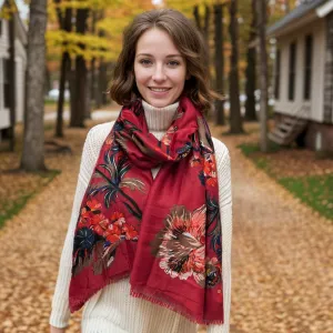 XL Gold Flecked Floral Scarf - Red