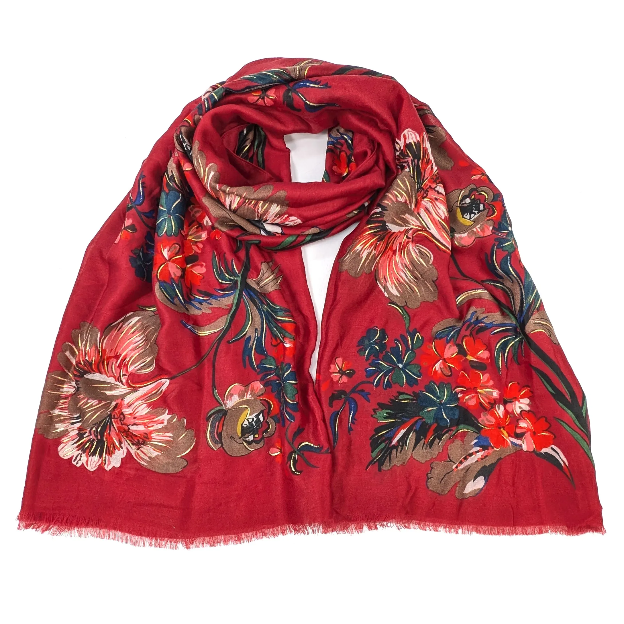 XL Gold Flecked Floral Scarf - Red